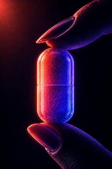 A pill capsule held between two manicured fingers glows dramatically under split red and blue lighting, evoking the iconic "red pill, blue pill" choice from The Matrix. The image visually plays on the "STARK-pill" caption, suggesting a symbolic choice or awakening tied to Stark (likely referencing StarkNet or a similar crypto project) for viewers to weigh in on.