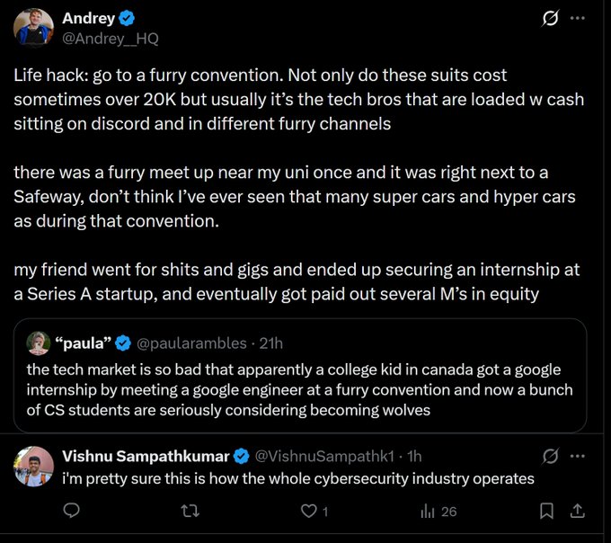 The image shows a Twitter feed with two posts from different users, both discussing the topic of cyber security. The first user's post contains text about life hack going to a furry convention, while the second user's post focuses on the importance of cyber security in today's world. Both posts are written in black text against a white background and include relevant hashtags such as #cybersecurity and #furryconvention.