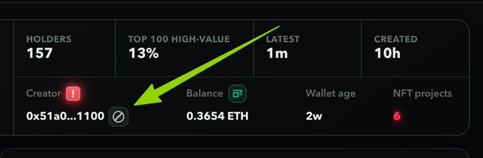 A dashboard panel showing wallet statistics (157 holders, 13% top 100 high-value, 1m latest, 10h created) with a green arrow pointing to the Creator address '0x51a0...1100'.