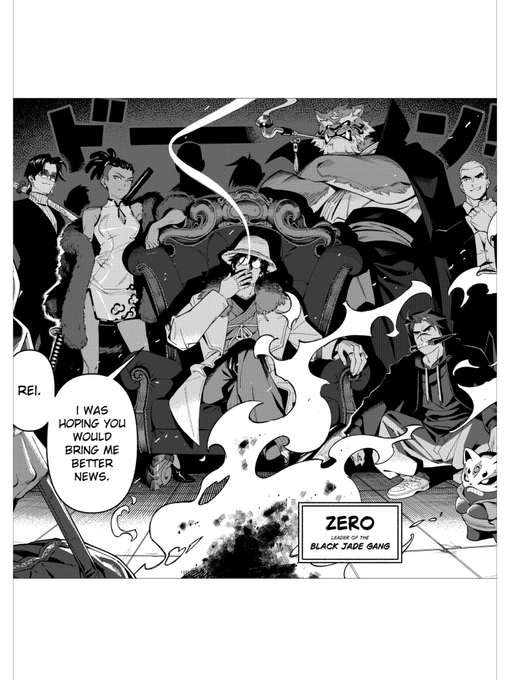 A black-and-white manga panel showing several characters around a seated figure, with dialogue reading 'REI. I WAS HOPING YOU WOULD BRING ME BETTER NEWS.' and a caption 'ZERO LEADER OF THE BLACK JADE GANG'.