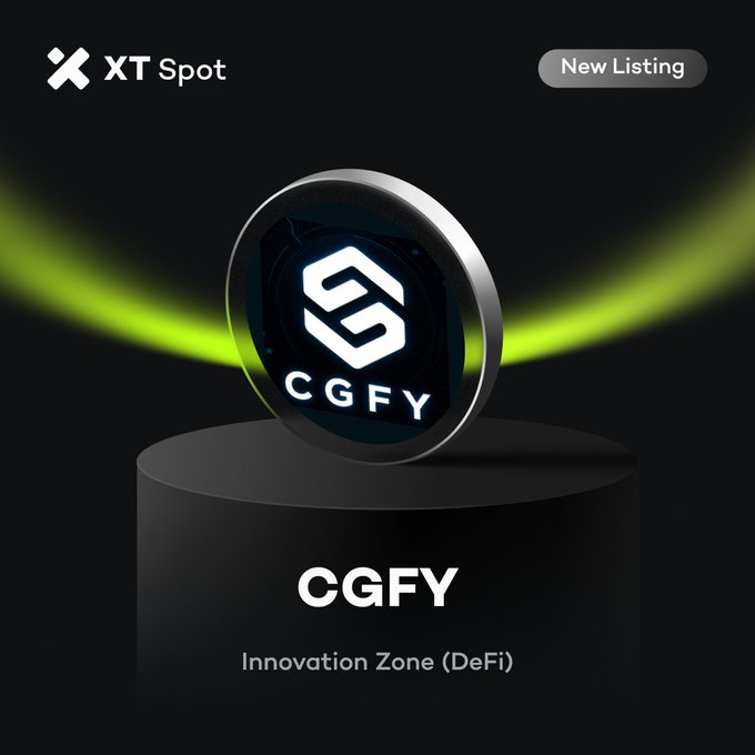 A dark-themed promotional graphic featuring the XT Spot exchange logo in the top-left and a "New Listing" badge in the top-right, with the $CGFY (Cognify) coin showcased on a pedestal under a glowing green arc. The listing is announced in the Innovation Zone (DeFi), supporting the post's announcement of upcoming deposit, trading, and withdrawal dates in July 2026.