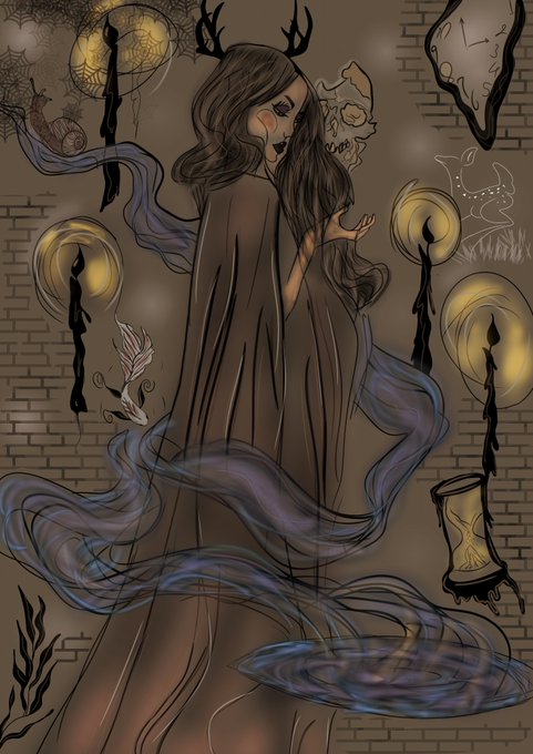 A digital illustration depicts a horned, dark-haired figure in a flowing brown cloak, with a skull-like face in profile, surrounded by lit candles, an hourglass, a clock, and mystical symbols against a brick-patterned background.
