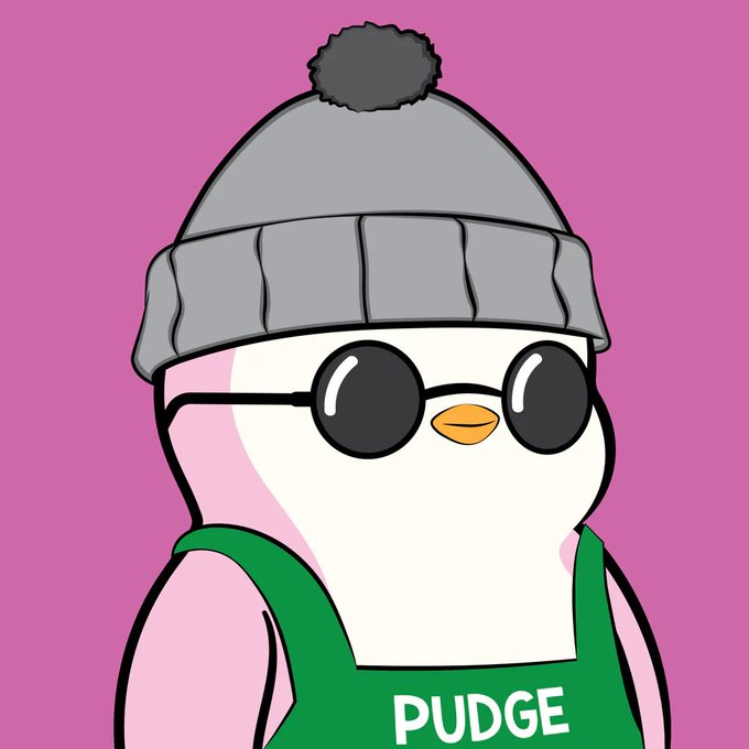 A cartoon penguin wearing a gray beanie, sunglasses, and a green apron labeled 'PUDGE' on a pink background.