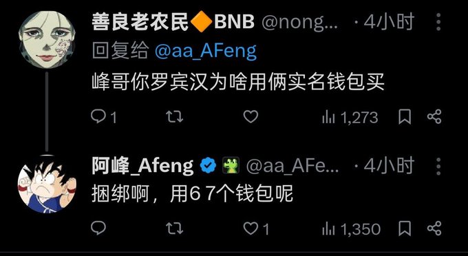 A screenshot of a Twitter/X conversation in Chinese where user @nong... asks "峰哥你罗宾汉为啥用俩实名钱包买" (Why did Brother Feng use two verified wallets to buy Robinhood?) and @aa_AFeng replies "捆绑啊，用6 7个钱包呢" (Bundling, using 6-7 wallets), referencing the use of multiple real-name wallets to purchase the Robinhood (HOOD) token.