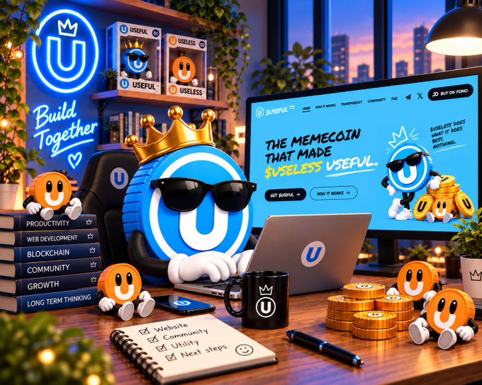 A promotional image featuring a cartoon mascot wearing sunglasses and a crown, with text reading 'Build Together', 'THE MEMECOIN THAT MADE $USELESS USEFUL', 'USELESS', 'PRODUCTIVITY', 'WEB DEVELOPMENT', 'BLOCKCHAIN', 'COMMUNITY', 'GROWTH', and 'LONG TERM THINKING'.