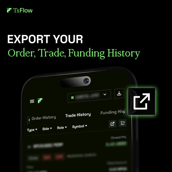 Promotional graphic for TxFlow reading 'EXPORT YOUR Order, Trade, Funding History' displayed over a smartphone showing trade history tabs and an export icon.