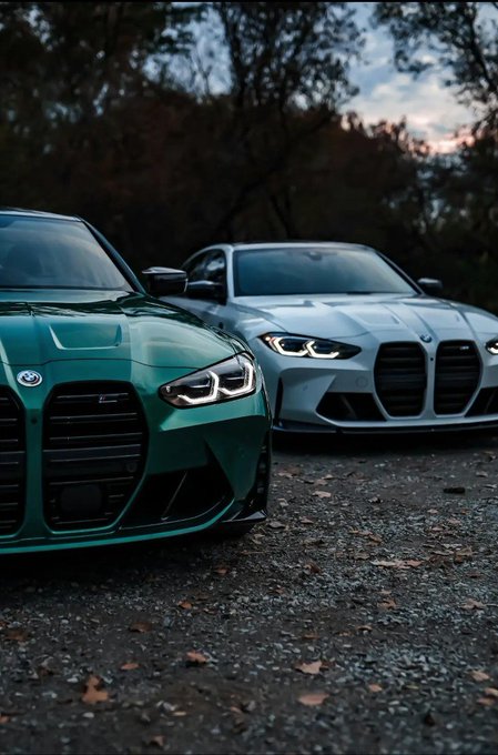 Two BMW cars—a dark green one in the foreground and a light silver/blue one behind it—parked on a leaf-strewn gravel surface in low light.