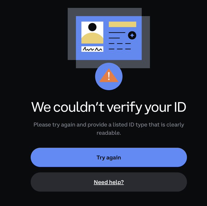 An ID verification failure screen with an illustration of an ID card and warning symbol, displaying the message "We couldn't verify your ID" with a "Try again" button below.