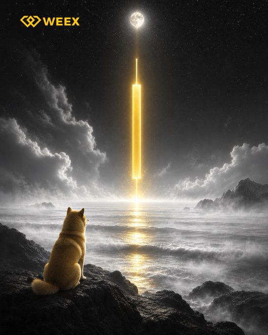 A cat gazes up at a glowing golden candlestick piercing the night sky beneath a full moon, with the "WEEX" logo in the corner, symbolizing a bullish surge for $SHIB.