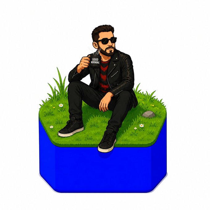 An illustration of a bearded man in sunglasses and black leather jacket sitting on a patch of grass atop a blue cube, holding a mug that reads 'GOOD MORNING'.