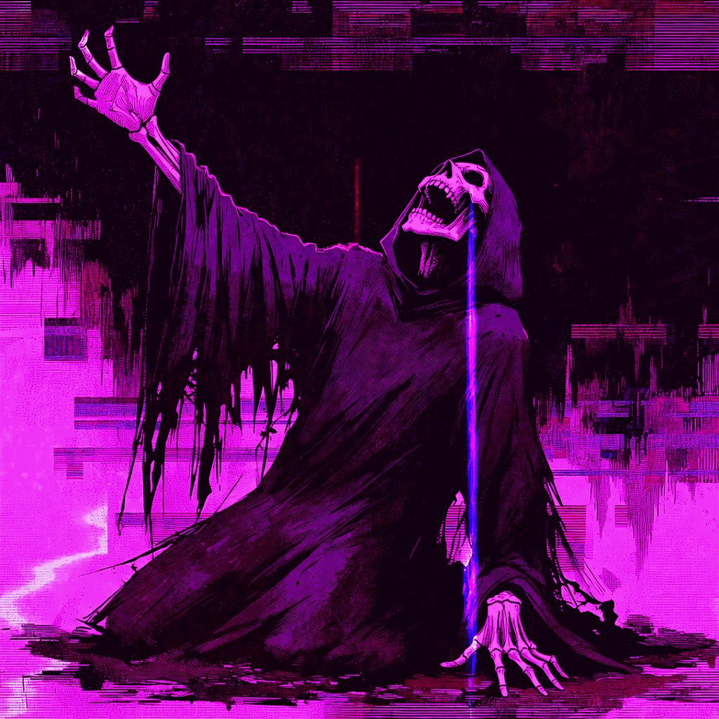 The image features a skeleton with its arms raised, wearing a purple robe that appears torn or ripped at the bottom. The skeleton's mouth is open, revealing a blue light coming from underneath. The background of the image is black and pink, which gives the impression of a neon effect. The post "gm Happy TezosTuesday" suggests that this image might be related to a Halloween-themed event or party, as it features a skeleton dressed in a purple robe with a tear at its bottom.