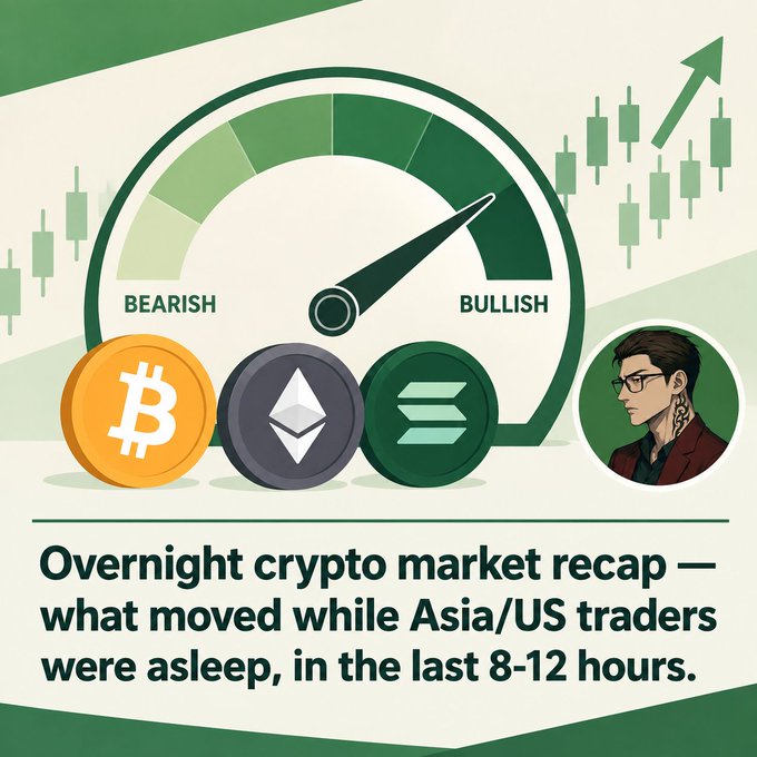 A promotional graphic titled 'Overnight crypto market recap — what moved while Asia/US traders were asleep, in the last 8-12 hours', featuring icons for Bitcoin, Ethereum, and Solana alongside a bullish/bearish meter.