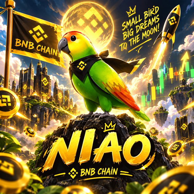 A vibrant digital illustration of a green parrot with a red cap and cape, standing on a rock with 'NIAO' written below. Text includes 'SMALL BIRD BIG DREAMS TO THE MOON!', 'BNB CHAIN', and BNB logos.