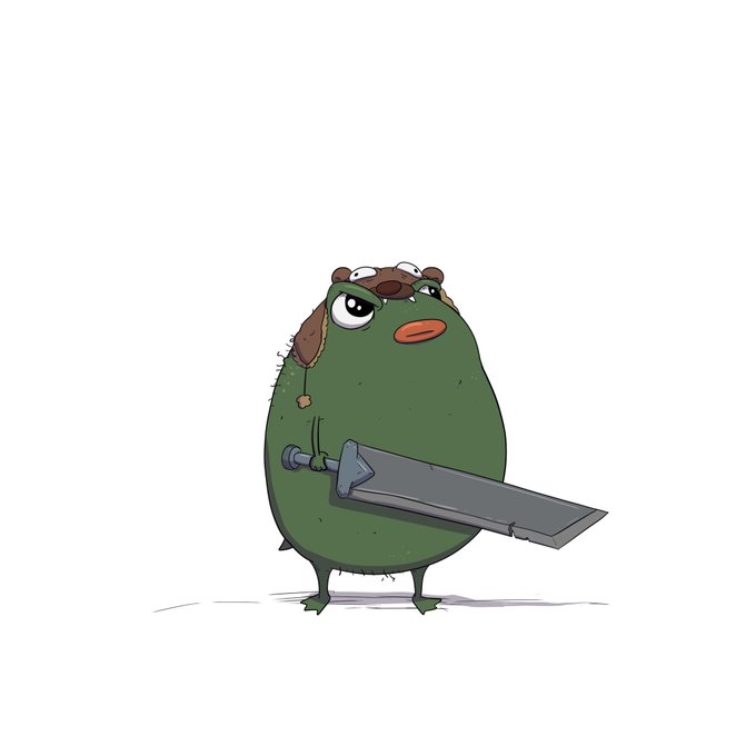 A cartoon illustration of a small, round, green creature with sleepy eyes, a brown spot on its head, and a wide orange mouth, holding a large grey sword against a white background.