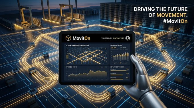 A futuristic promotional image for 'MovitOn' showing a robotic hand holding a tablet displaying logistics analytics over a high-tech automated warehouse with the tagline 'DRIVING THE FUTURE OF MOVEMENT. #MovitOn'.