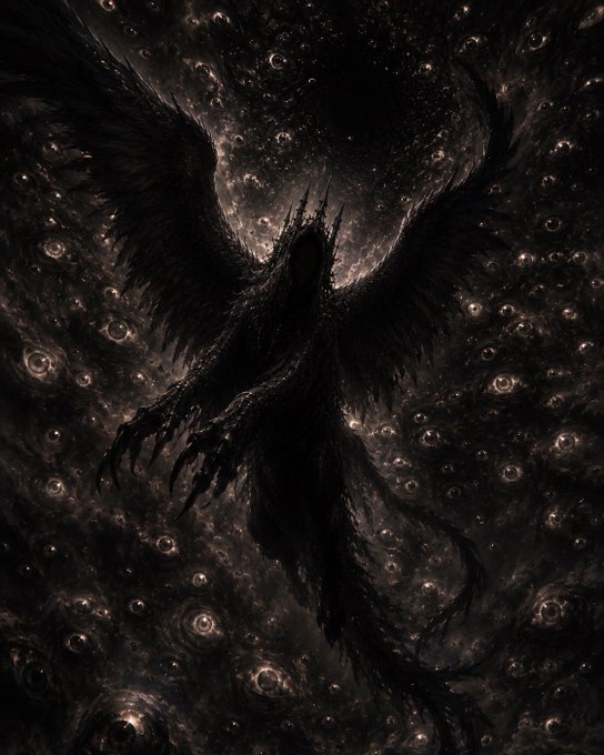 A dark fantasy illustration of a winged, shadowy figure with outstretched feathered wings, surrounded by swirling patterns of glowing eyes against a black background.