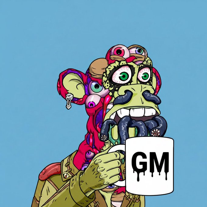 The image features a cartoon monkey holding a white mug with "GM GM" written on it, which appears to be made of coffee or tea. The monkey has a backpack on its back and seems to be enjoying a drink while sitting against a blue background. The post is titled "GM GM CT chase what sets your soul on fire bored ape yacht club @TheARCTERMINAL x @useTria @quipnetwork x @NucleusCodes @sleepagotchi".
