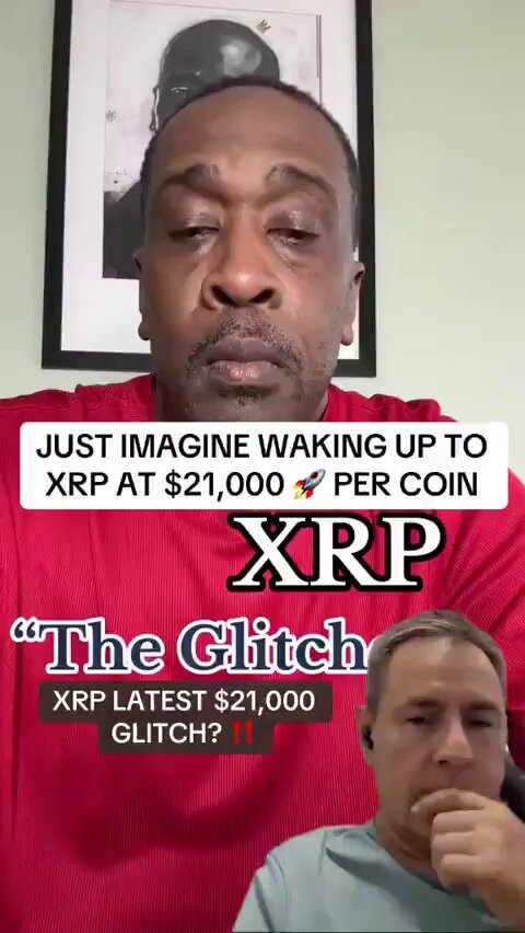 The image features two men wearing red shirts, one of whom has his hand over his mouth as if he's thinking or pondering something. The background includes a poster with text about Ripple XRP and an XP Ledger logo.