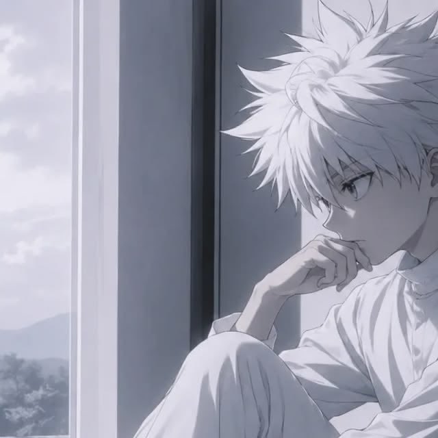 A monochromatic anime-style illustration depicts a character with spiky white hair sitting thoughtfully by a window, gazing outward.