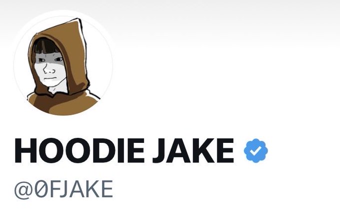 A social media profile for 'HOODIE JAKE' with the handle '@0FJAKE' and a blue verification checkmark, featuring a cartoon avatar of a person in a brown hood.
