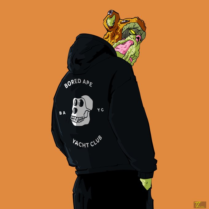 A figure wearing a black hoodie featuring the "BORED APE YACHT CLUB" logo with its signature skull graphic stands against an orange background, while a zombie ape with green skin and a pink brain peers over their shoulder—matching the post's "GM Happy Tuesday" greeting to the @BoredApeYC community.