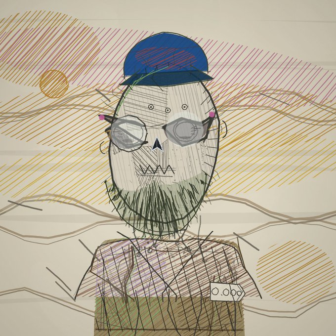 A child-like drawing of a bearded man wearing a blue cap, round glasses, and a plaid shirt, rendered with crayon-style scribbles on lined paper.