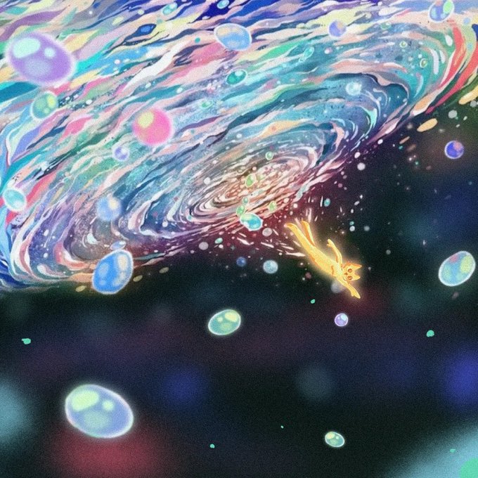 A glowing Pikachu floats among colorful bubbles in space, gazing up at a swirling, galaxy-like portal. The dreamy, fantastical artwork captures the wishful, almost magical longing expressed in the post about wanting to hold $CETS.