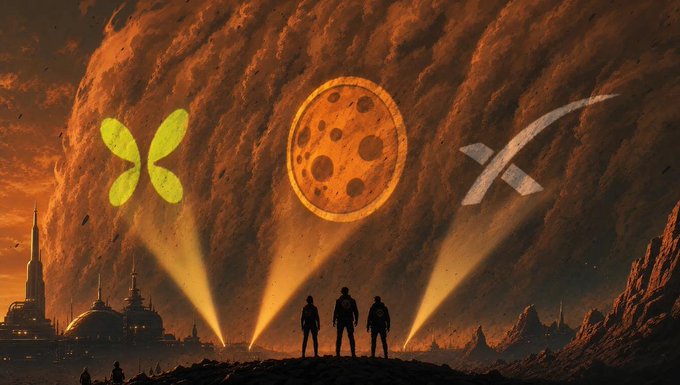 Three silhouetted figures stand on a rocky Martian landscape holding flashlight beams that illuminate floating symbols—a yellow X logo, a cratered moon, and an upward arrow—against a dramatic orange sky, visually representing the launch of MarsCoin/SPCXB on the Flap.fun platform (referenced by the yellow X-shaped Flap logo).