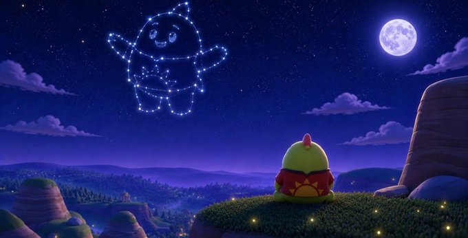 A cute creature wearing a sun hat sits on a grassy hill under a starry night sky, gazing up at a constellation shaped like itself and a glowing full moon. The whimsical scene reflects the Sleepagotchi concept of turning nightly rest into a playful, personalized experience through AI-driven wellness insights.