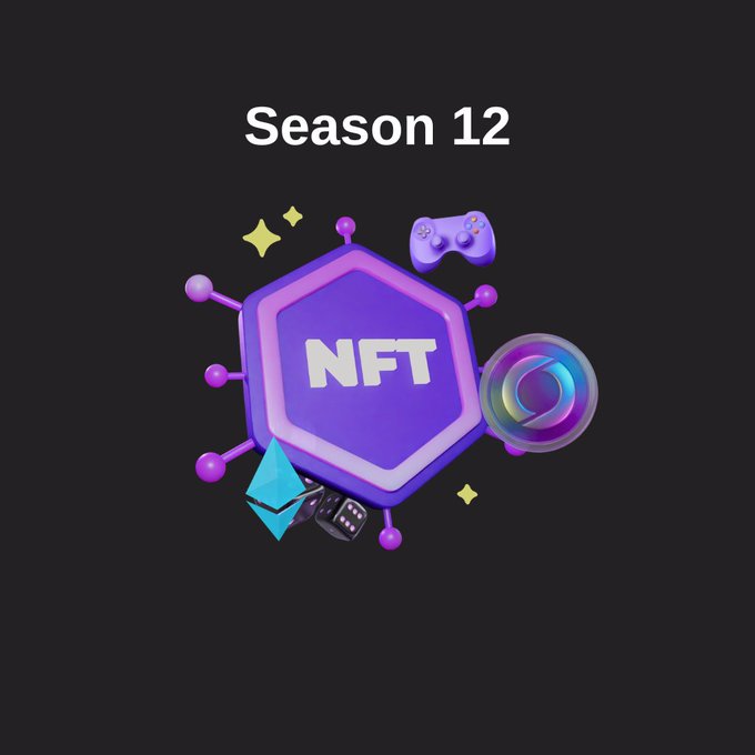 A digital graphic on a black background with white text 'Season 12' above a purple hexagonal NFT token surrounded by gaming and crypto icons including a controller and Ethereum logo.