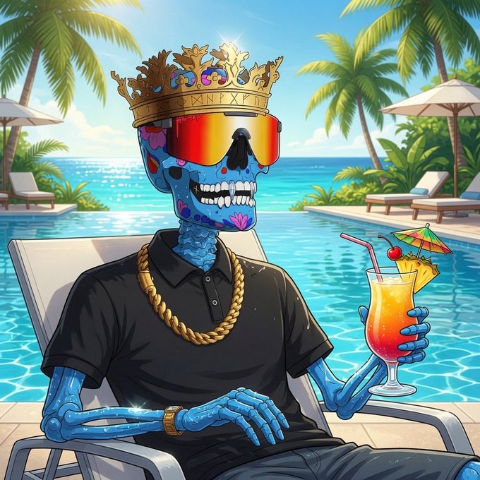 A cartoon illustration of a blue skeleton wearing a gold crown, red sunglasses, gold chain, and black polo shirt, sitting by a pool at a tropical resort and holding a tropical cocktail.