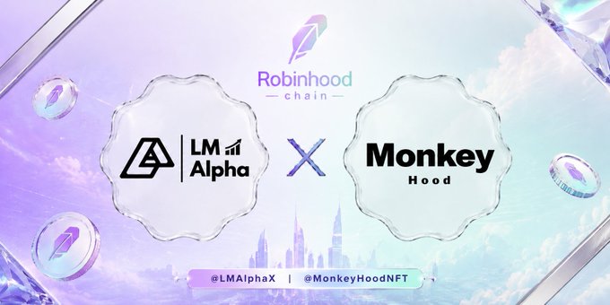Promotional graphic announcing a giveaway collaboration between LM Alpha and Monkey Hood, featuring their logos flanking a central "X" with the Robinhood Chain branding at the top and the handles @LMAlphaX and @MonkeyHoodNFT displayed below against a dreamy purple sky background with floating coins.
