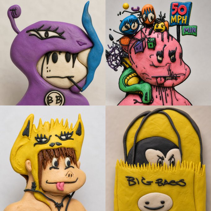 A four-panel collage of eccentric sculpted masks or costume heads featuring bright colors, exaggerated facial features, a pink character with a '50 MPH MIN' sign, and a yellow figure labeled 'BILG BAGS'.