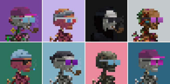 A grid displays eight pixel art zombie characters in different colored outfits and sunglasses on various colored backgrounds.