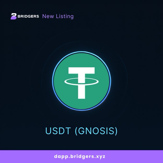 The image features a logo of a green circle containing white lettering. The background has a dark blue color, and there are two small circles in the top left corner and bottom right corner respectively. In the middle of this darker blue space, the text "USDT (GNOSIS)" is prominently displayed within the green circle. Below it, there's a purple description that reads: "USDT (GNOSIS) is live on BRIDGERS! Route $USDT (GNOSIS) across chains with secure, non-custodial execution powered by smart contracts and aggregated liquidity. You authorize."