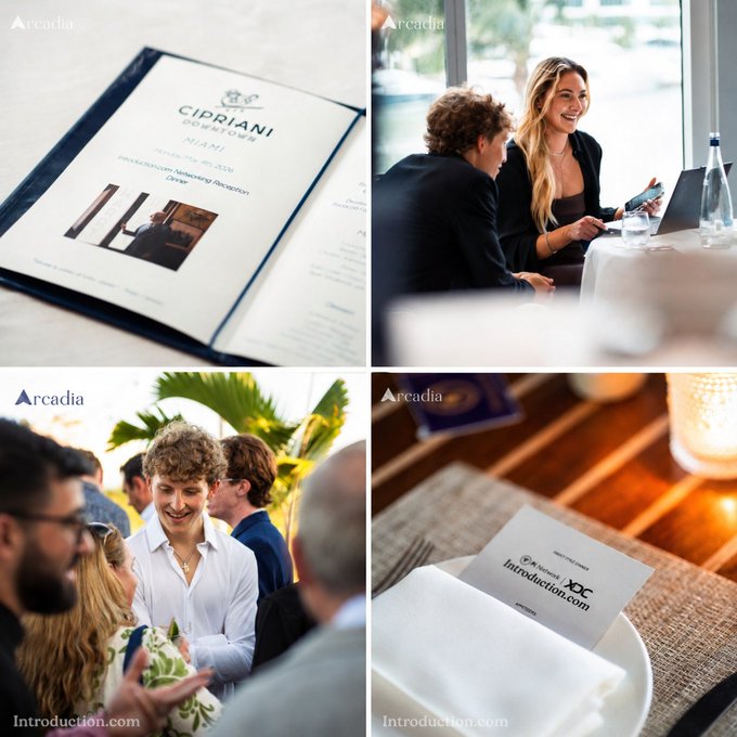 This image is a four-panel collage from an Arcadia and Cipriani Domowe networking reception, featuring a "Miami Networking Reception Dinner" menu, attendees conversing in both indoor and tropical outdoor settings, and a place card reading "Introduction.com" beside a candle-lit table setting.
