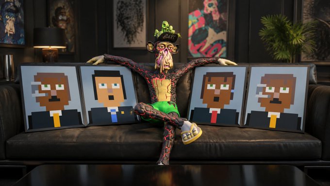 A pixelated monkey character wearing a green "BAPE" cap lounges on a couch flanked by four Steve-style pixel character pillows, referencing the "STONK BROKERS" NFT project mentioned in the post. The retro, meme-driven aesthetic of the artwork aligns with the casual, degen-focused crypto culture described.