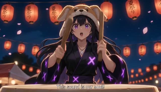An anime character wearing a dog-ear hat and black kimono with purple X patterns shouts, with the subtitle 'This sound is our soul!' against a backdrop of paper lanterns.