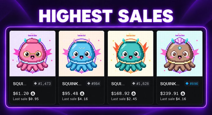 A 'HIGHEST SALES' graphic showing four cartoon squid/octopus NFT characters (SQUI...) with sales prices ranging from $61.20 to $239.91 and various token amounts.