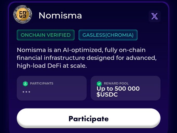 The image shows a post from a website called @NomismaNetwork that has been shared by a user named @useTria. The post contains information about participating in a contest or challenge, with details such as the name of the participant (@Nomisma), the type of challenge they are entering (a financial test), and the prize for winning the challenge (500,000 USDC). The post also mentions that it is related to @wallchain.io, which could be an online platform or service associated with the Nomisma network.