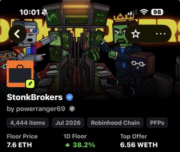 A screenshot of the 'StonBrokers' collection on a mobile NFT marketplace, showing it is by powerranger69 with 4,444 items, a floor price of 7.6 ETH, and is on the Robinhood Chain.