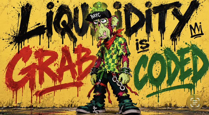 A graffiti-style digital mural on a yellow wall depicting a zombie-like monkey wearing a 'BAYC' cap and a green checkered hoodie, with the text 'LIQUIDITY IS GRAB CODED' painted around it.