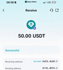 A screenshot of a Bitget Wallet app showing a successful transfer of "50.00 USDT" to a receiving address.