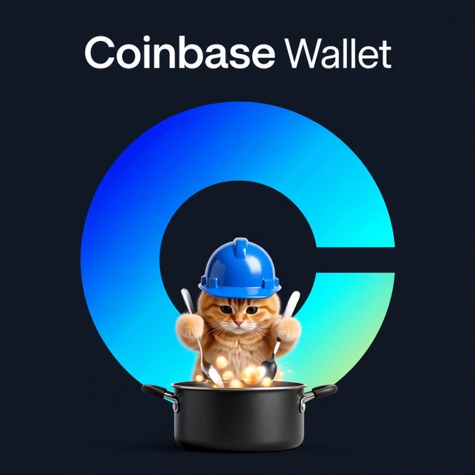 An advertisement or graphic for 'Coinbase Wallet' featuring a cat wearing a blue construction helmet, holding utensils in a cooking pot against the Coinbase logo.