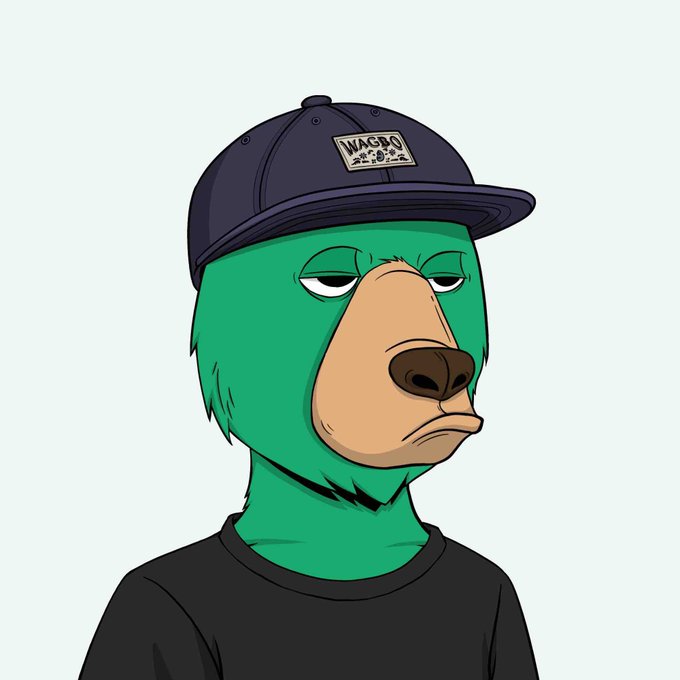 A digital illustration of a green bear-like cartoon character wearing a black t-shirt and a navy blue 'WAGBO' baseball cap, sporting a bored expression.