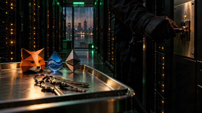 A dramatic scene in a server room showing a person in gloves reaching for a server cabinet, with a metal tray holding three origami figures (fox, water drop, Ethereum) in the foreground.