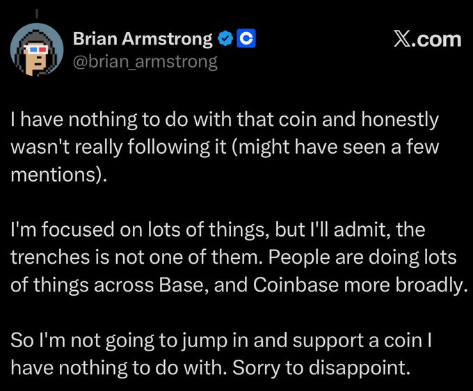 A tweet from Brian Armstrong (@brian_armstrong) stating he has nothing to do with a particular coin and won't be jumping in to support it.