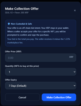 A 'Make Collection Offer' dialog for SEAL V2 NFT, showing a bid amount of 0.00 XRP, quantity of 1, and 7 Days offer expiry.