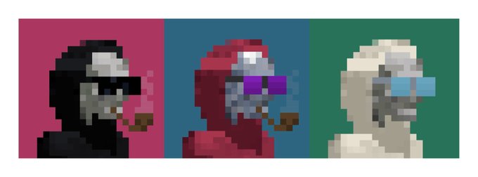 Three pixel-art portraits of a bearded man wearing goggles and smoking a pipe, shown in color variations of black, red, and white against pink, blue, and green backgrounds.