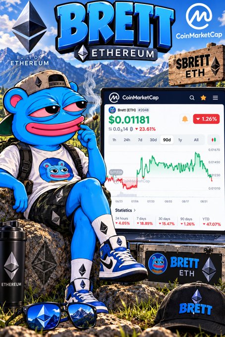 A promotional graphic featuring a blue cartoon frog mascot wearing an Ethereum t-shirt, surrounded by branded merchandise including a black water bottle, blue sunglasses, and a cap, alongside a CoinMarketCap chart showing "Brett (ETH) #2048" priced at $0.01181 with a 1.26% gain. The top banner reads "BRETT ETHEREUM" with a wooden sign labeled "$BRETT ETH".